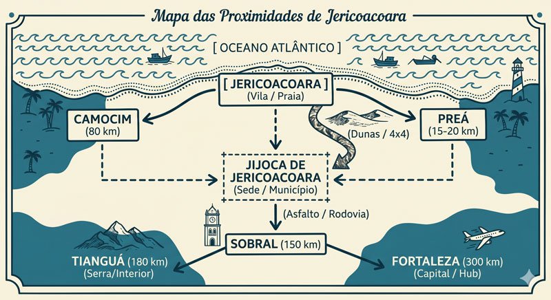 Mapa ilustrado da região de Jericoacoara mostrando localização e acessos pelo litoral do Ceará